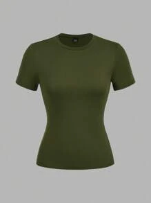 SHEIN EZwear 3 件套女士黑色、绿色、白色圆领休闲紧身长袖 T 恤套装，适合夏季