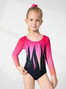Young Girls Gradient Mesh Long Sleeve Bodysuit, Leotard Activewear 4-Way Stretch High Flexibility