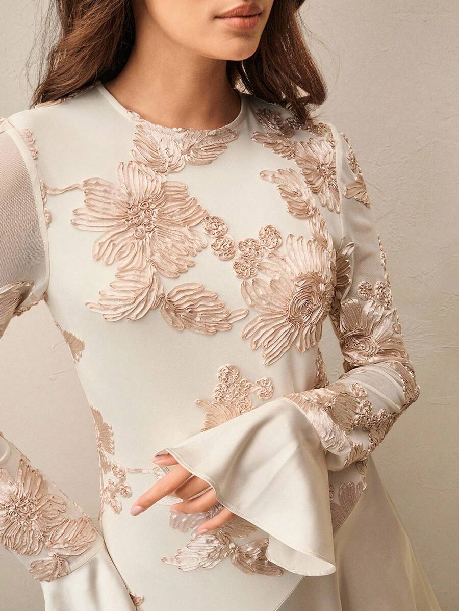 优雅修身圆领长袖女式长裙 - 香檳色 - 查看 1