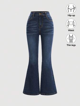 SHEIN Tween Girls' Y2k Retro Washed Slim Fit Stretchy Denim Flare Leg Jeans With Slant Pocket For Summer Clothes Outfits