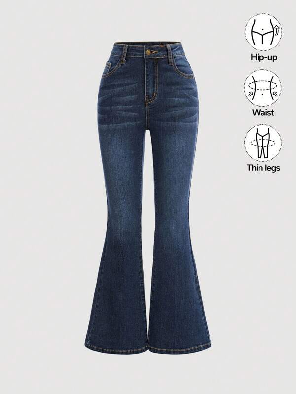 SHEIN Girlism Jeans acampanados de ajuste ceñido de mezclilla desgastada con bolsillo en ángulo para ropa y conjunto de ropa de verano para niñas preadolescentes de estilo retro 2000