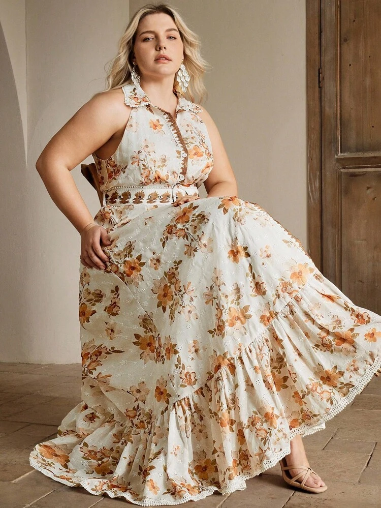 Floral Print High Waist Maxi Dress With Ruffle Hem