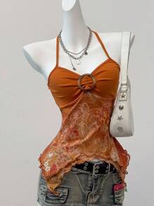 SHEIN EZwear Summer Country Concert Retro Print Mesh Backless Halter Neck,See Through Top - Orange - View 6