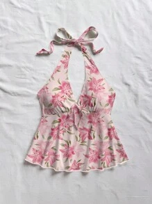 Soleia 女式花卉印花 V 领系带露背娃娃装上衣，休闲度假装，适合夏季 - 粉色 - 查看 3