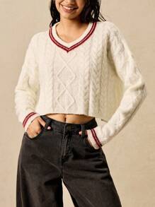 Easelle Suéter casual y vintage de estilo bohemio, holgado y cómodo, con cuello en V, en color beige, con corte cropped y detalles de rayas contrastantes, para usar en otoño e invierno - Beis - Ver 4