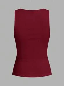 Slaydiva 2pcs Women Casual Notched Neck Ruched Tight Ribbed Fabric Tank Top Set, Suitable For Summer Back To School - Multicolor - View 4