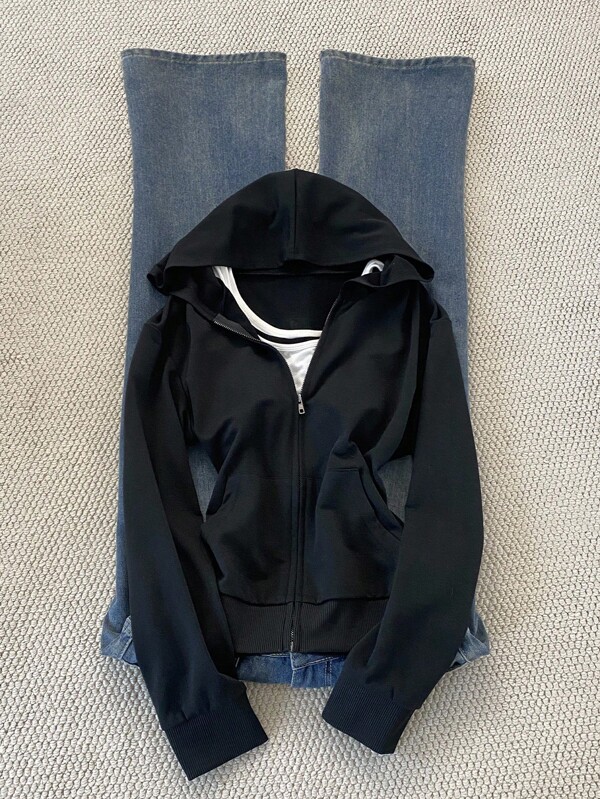 SHEIN Women's Solid Color Long Sleeve Zipper Up Front Casual Hooded Jacket