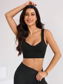 Slayform Women Casual Sweetheart Collar Minimalist Design Sports Bra, Breathable - Black - View 2