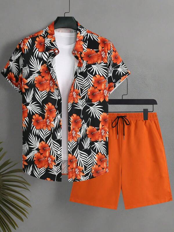 Manfinity KASUA Men's Tropical Print Casual Shirt & Shorts Set, Vacation Outfit Men Vacation Short Sets Men Hawaii Outfit Short Set Mens Flowers