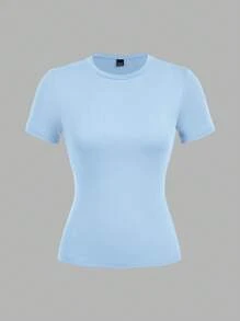 SHEIN EZwear 3件套女士休闲紧身圆领长袖T恤套装，浅蓝色，浅粉色，白色，适合夏季