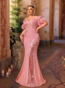 SHEIN Belle Robe de soirée formelle et élégante grande taille à épaules dénudées, col en cœur romantique, avec garniture de plumes, patchwork brodé, tricot extensible, fendue Top de la cuisse en forme de queue de poisson. Robe de soirée de luxe