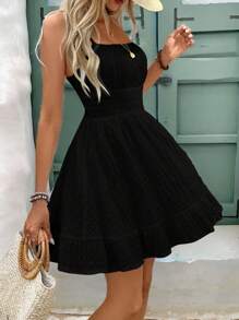 SHEIN Frenchy Women's Solid Color Ruffle Hem Casual Strap Dress, Vacation Style,Rave Outfits Festival Black Summer Beach Holiday Resort - Black - View 5