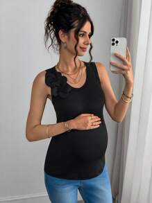 Momance Camiseta sin mangas con cuello redondo, decoración floral 3D y unicolor para maternidad