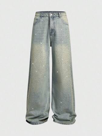 Street Life Jeans décontractés bleu vintage pour hommes, coupe ample, avec des strass brillants