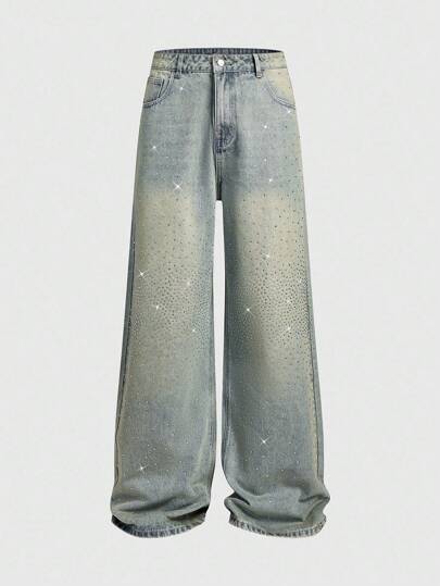 Street Life Men's Vintage Blue Casual Glittering Rhinestone Loose Fit Jeans
