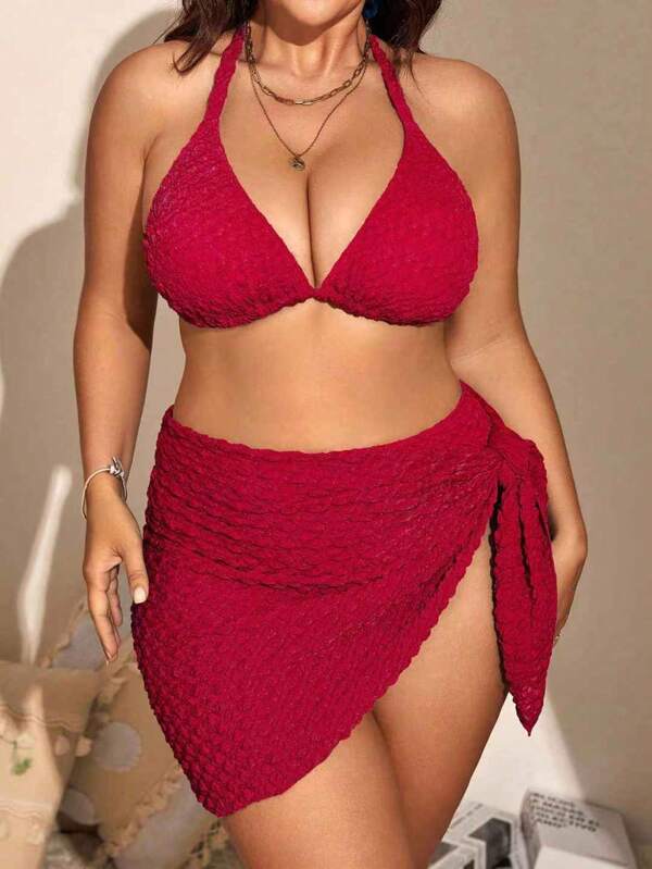 Swim Vcay 2025 Plus Size Women 3pcs/Set Solid Color Swimwear For Vacation & Beach For Summer