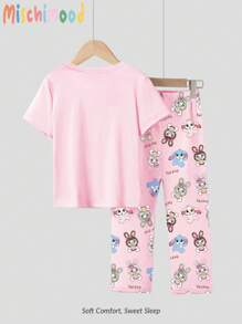 Young Girls Cute Cartoon Rabbit Print Pajama Set, Pink Rabbit Print Top With Matching Pink Bottom Shorts, Comfortable And Casual Set Girls Pyjamas Cartoon Pajamas - Pink - View 2
