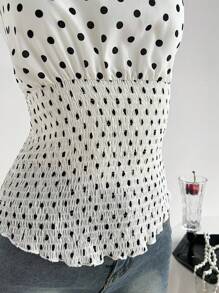 Elamini 黑白圆点露背收腰吊带上衣，优雅度假海滩甜美可爱休闲约会百搭女士夏季 - 白色 - 查看 6