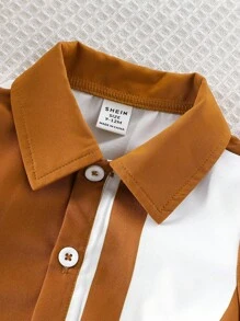 SHEIN 男宝宝夏季休闲两件套：一件竖条纹数码印花短袖翻领衬衫，搭配一条纯棕色宽松长裤。设计时尚优雅，适合春夏日常穿着、度假和玩耍。男宝宝夏季套装，焦橙色系。 - 棕色 - 查看 6