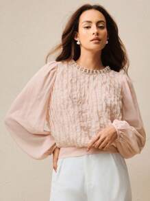 Anewsta New Spring/Summer Pearl & Rhinestone Embellish Loose Lantern Sleeve Blouse For Women - Pink - View 6