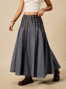 Easelle Falda larga a cuadros de otoño temprano 2025 para mujer, de múltiples capas, todo a juego, casual, retro, acampanada, patchwork, a rayas, retro, a cuadros, bohemia, occidental - Azul Marino - Ver 6