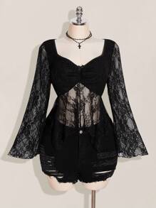 SHEIN ICON Áo kiểu dáng cỡ lớn, chất liệu ren nhún bèo, cổ tim, vạt bất đối xứng, phong cách Y2K, kiểu babydoll, thích hợp cho hẹn hò, đi nghỉ mát, du lịch. Dành cho phụ nữ. - màu đen - Xem 3