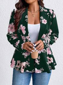 Elenzga Plus Size Floral Printed Blazer, Casual & Business Commute Fall Cloth For Women Autumn - Dark Green - View 3
