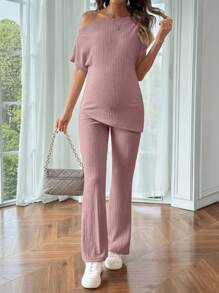 SHEIN 2pcs Maternity Asymmetrical Neck T-Shirt And Long Pants Set - Pink - View 3