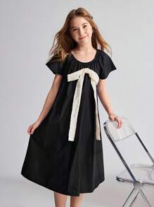 Ontre Tween Girls' Loose Fit Round Neck Bow Decor Casual Dress - Black - View 6