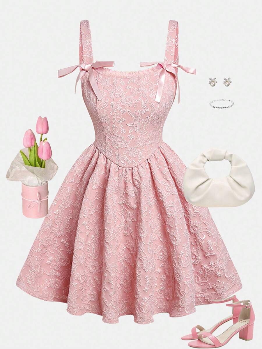SHEIN Girlism Tween Girl 优雅纯粉色编织提花吊带连衣裙,带蝴蝶结,适合正式场合、派对和日常穿着 - 粉色 - 查看 1