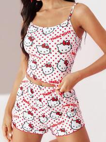 HELLO KITTY AND FRIENDS | SHEIN Women's Camisole Top & Shorts Pajama Set, Cartoon Pattern, Polka Dot Pattern, Cute Y2K, Casual, Home, Summer - Pink - View 1
