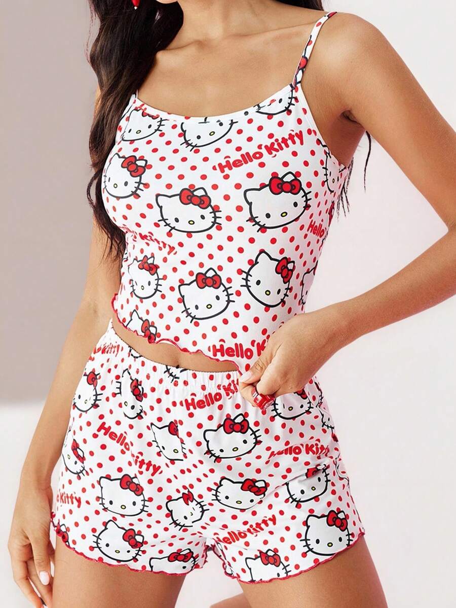 HELLO KITTY AND FRIENDS | SHEIN Women's Camisole Top & Shorts Pajama Set, Cartoon Pattern, Polka Dot Pattern, Cute Y2K, Casual, Home, Summer - Pink - View 1