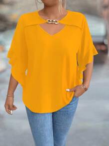 EMERY ROSE 大码镂空领口荷叶边袖纯色衬衫 - 黃色 - 查看 1
