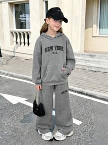 SHEIN Serisse Kids 青少年女孩宽松休闲柔软舒适连帽衫和慢跑裤两件套 - 深灰色 - 查看 8