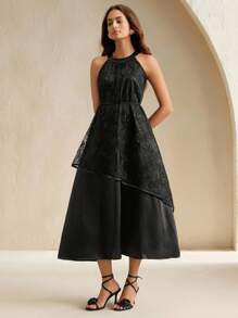 Anewsta Rochie elegantă și la modă, neagră, cu broderie groasă din dantelă, model patchwork, pentru doamne, de vacanță - Negru - Vizualizare 6