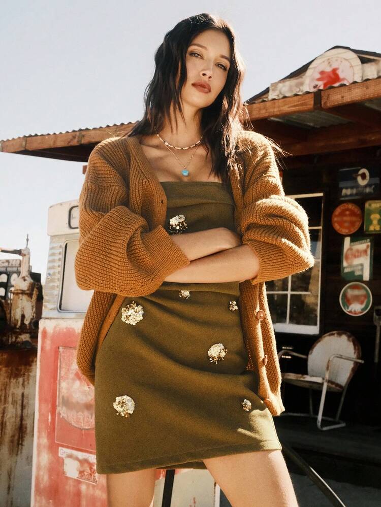 Easelle Mustard Yellow Off-Shoulder Metallic Decoration Fashion Women's Summer Mini Dress Tube Top Tweed Skirt Gold Sequin Decoration Autumn And Winter - Mustard Yellow - View 3