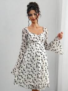 Momance Spandex Mesh Print Flare Sleeve Backless Bowknot Collar Maternity Dress - Multicolor - View 6