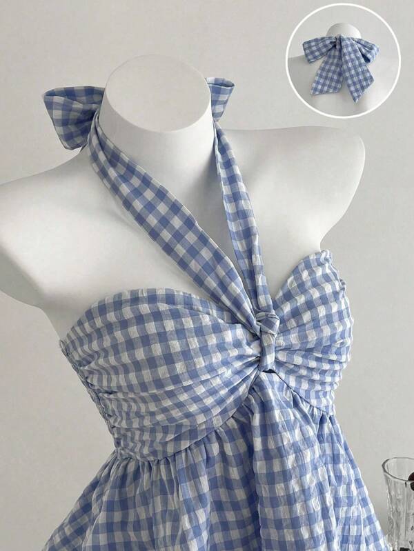 Elamini Spring/Summer Blue Plaid Ruched Cropped Tie Front Camisole
