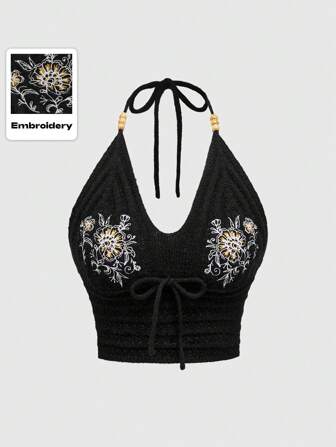 Hippie Top de tirantes halter con espalda descubierta, bordado y cuentas, estilo bohemio de verano para mujeres, color negro