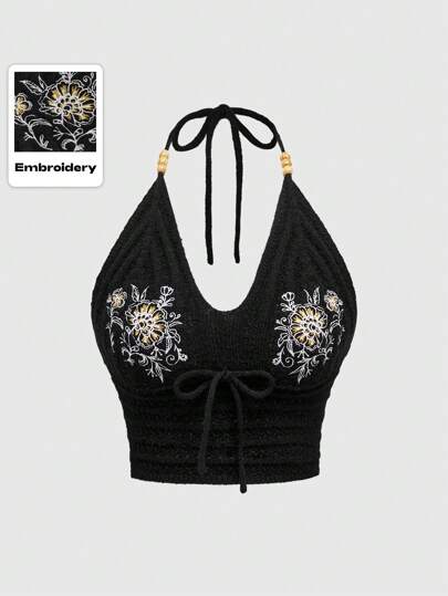 Hippie Black Crochet Halter Backless Embroidered Beaded Tank Top, Boho Style Summer For Women