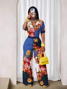 BamGleam 2件套女士节日花卉印花短袖衬衫和阔腿裤套装 - 藍色 - 查看 6