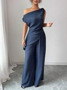 Elenzga 全新夏季两件套服装，适合旅行和拍照，优雅深海蓝色不对称肩上衣+高腰休闲裤 - 藍色 - 查看 5