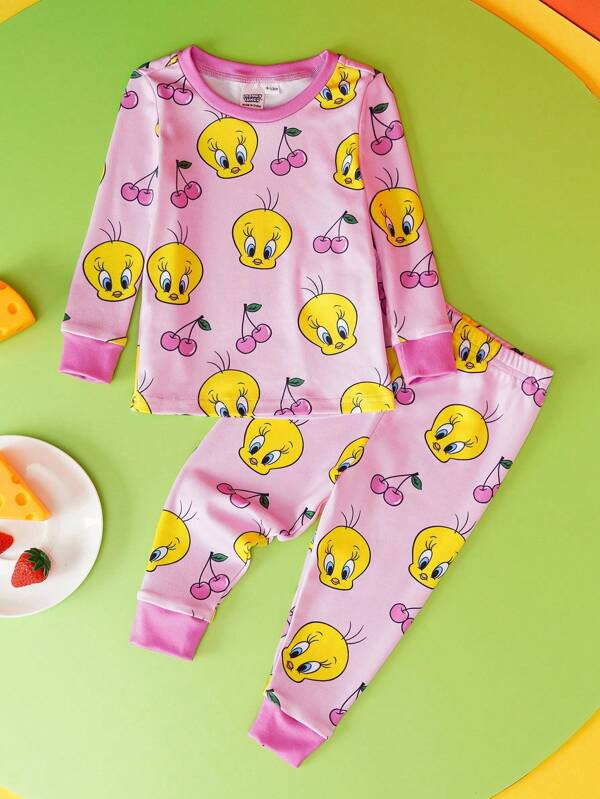 LOONEY TUNES X SHEIN Set de 2 piezas de pijama para niña bebé con camiseta de manga larga con estampado de pajaritos y cerezas y leggings, en un adorable y dulce estilo
