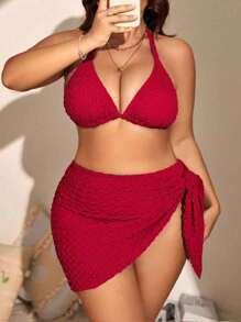 Swim Vcay 2025 Bộ đồ bơi màu trơn 3 món cỡ lớn cho nữ khi đi nghỉ và đi biển - Đỏ - Xem 4