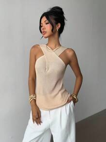 Elenzga Back To School Casual Niche Design Criss-Cross Neck Knit Sweater, Retro Style For Women, Spring/Autumn