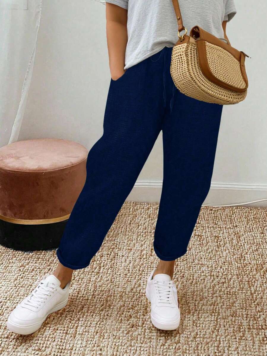 SHEIN PETITE Plus Size Women Casual Loose Solid Drawstring Pants For Outdoor Vacation - Navy Blue - View 1