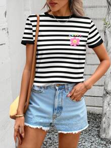 SHEIN EZwear 黑白条纹花卉印花休闲圆领宽松T恤女款，适合夏季 - 彩色 - 查看 4