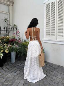 Sunnyshic Floral Halter Neck Backless Top With Two-Layer Strap And A-Line Skirt Set, Sexy And Sweet, Suitable For Spring/Summer Vacation - Multicolor - View 2