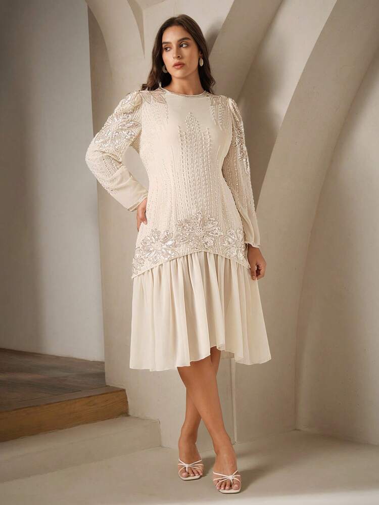 Vestido de fiesta elegante de manga larga con chifón, con aplique de lentejuelas y perlas para mujer de talla grande
