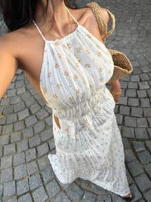 Sunnyshic Floral Halter Neck Backless Top With Two-Layer Strap And A-Line Skirt Set, Sexy And Sweet, Suitable For Spring/Summer Vacation - Multicolor - View 5